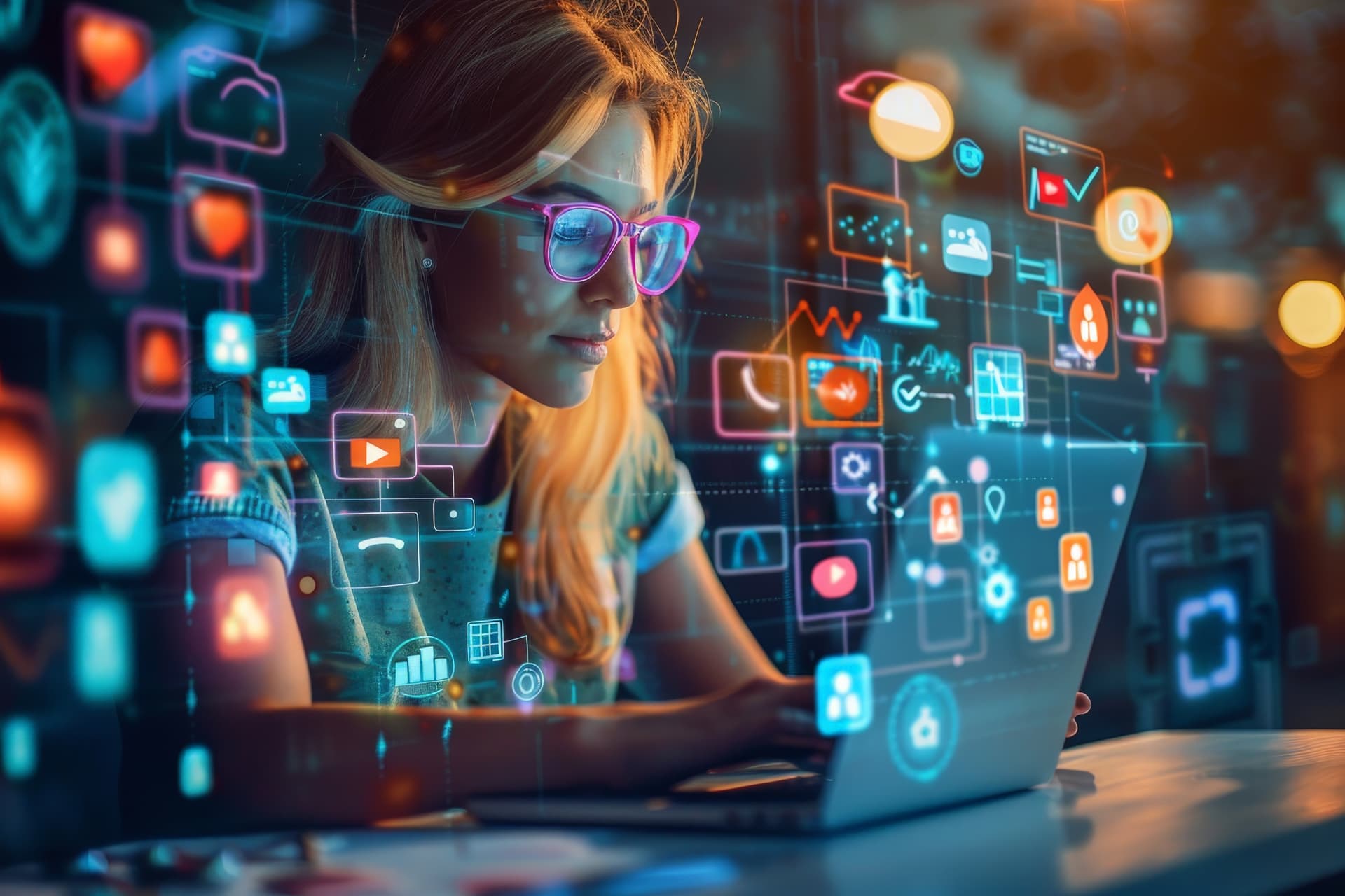 Frau arbeitet am Laptop mit digitalen Marketing-Icons