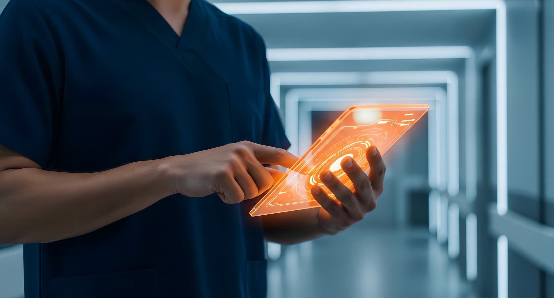 Pflegekraft mit futuristischem digitalem Interface - Symbolisiert Digitalisierung und Technologie in der Pflege