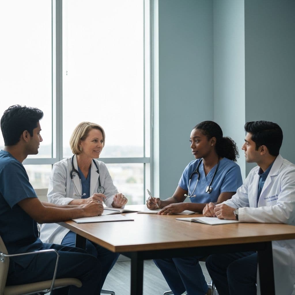 Pflegeteam in Diskussion über Arbeitskultur und Routinen